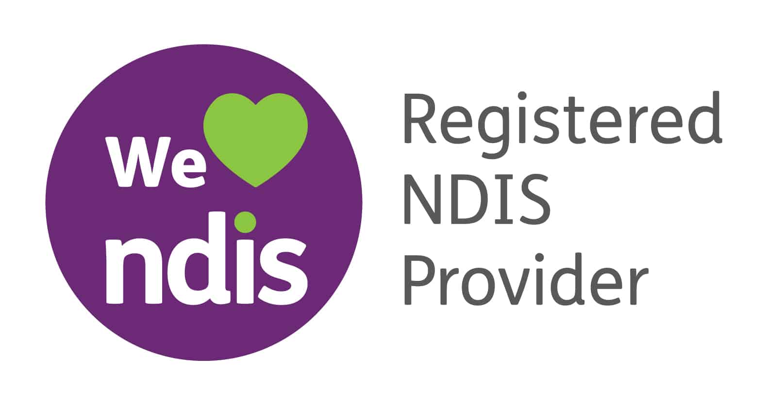 Logo with a purple circle containing the words "We" and "ndis" with a green heart replacing "love." To the right, it says "Registered NDIS Provider" in grey text.